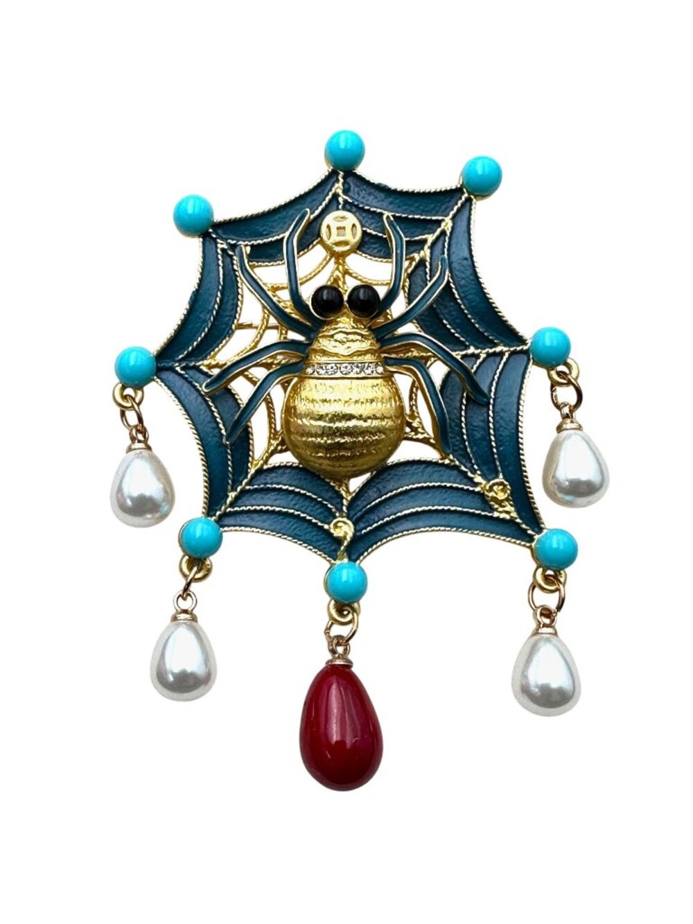 Fall Halloween Blue Red Enamel Matte Gold Tone Spider Brooch Pin 3 Inch